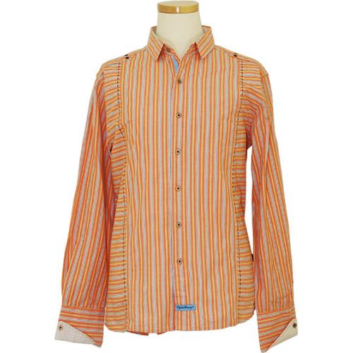 English Laundry Dark Peach With Sky Blue / White / Mustard Stripes Long Sleeves 100% Cotton Shirt  ELW1121